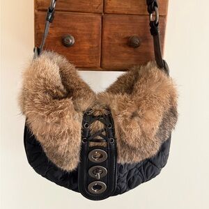 Vintage Coach Legacy Rabbit Fur Black Quilted Nylon & Leather Handbag